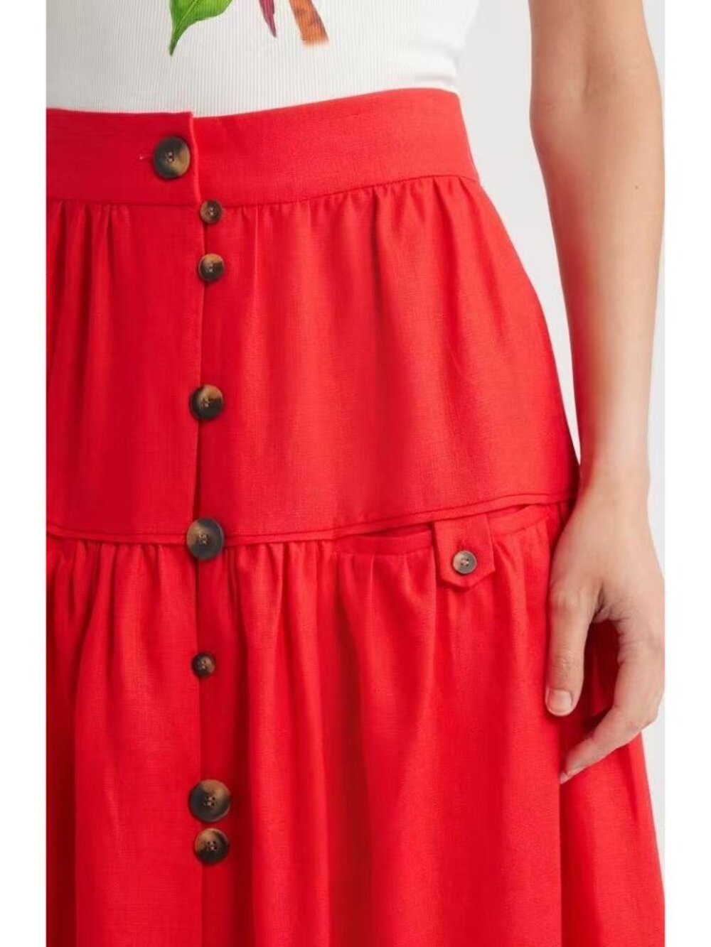 NWOT Farm Rio Red Mixed Buttons Linen Midi Skirt Elastic Waist Size S - Picture 4 of 13